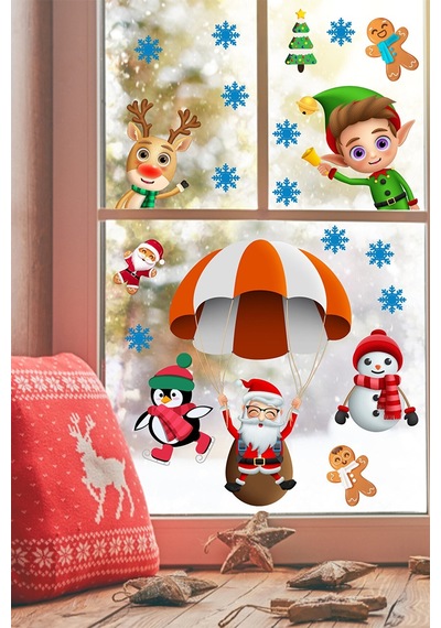 Paraşütle Uçan Noel Baba Kardan Adam Penguen Ve Kurabiye Adamlar Yılbaşı Sticker