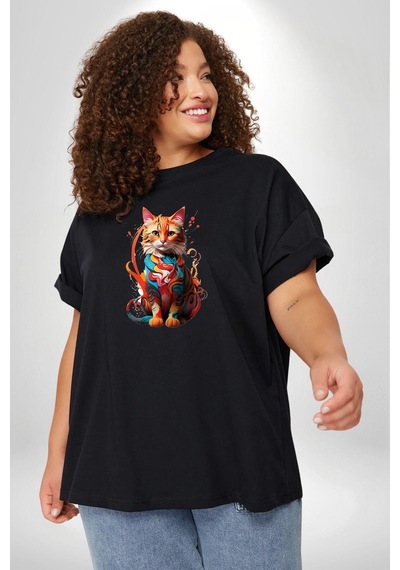 Angemiel Renkli Yağlı Boya Kedi Siyah Büyük Beden Erkek Kadın Unisex Basic Ön Baskılı Tişört Siyah
