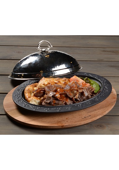 Lava Döküm Oval Döner. Kebap Tabağı. Ahşap Altlıklı. Ölçü 28x20cm