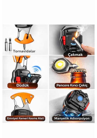 Çok Fonksiyonlu Şarjlı Led El Feneri Acil Durum Kurtarma Aracı Usb Şarjlı Emniyet Kemeri Kesici Cam Kırıcı Çakmaklı