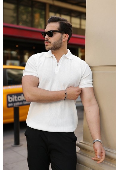 Etiler Collection Erkek Fermuarlı Yakalı Kısa Kollu Tshirt Beyaz