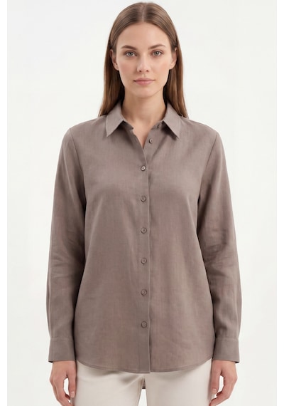 Goffra Kadın Gia %100 Doğal Keten Gömlek - Klasik Yaka Basic Minimalist Tasarım Kahverengi W207-k0401-02
