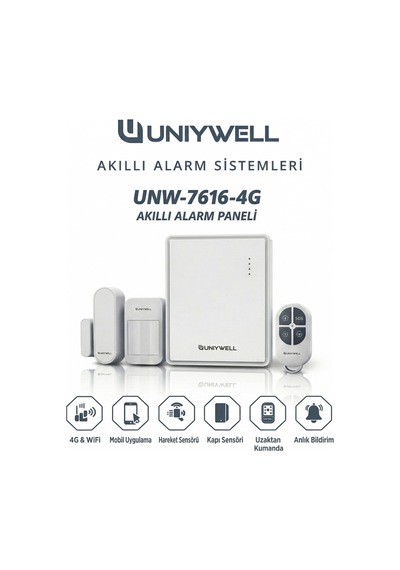 Uniywell 4g + Wi-fi + Ethernet Akıllı Alarm Sistemi - 90 Db Dahili Sirenli, Ip Kamera Onvıf Ve 8 Bölge Kablolu Aksesuar Destekli Güvenlik Seti 1 Yıl Alarm Çağrı Merkezi Hizmeti + Akü