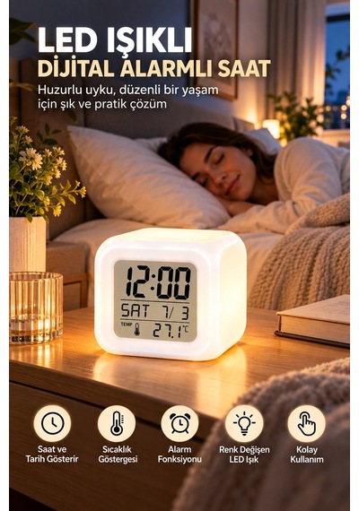 Dijital Ekranlı Küp Saat Led Işıklı Alarm Ve Sıcaklık Göstergeli Diğer