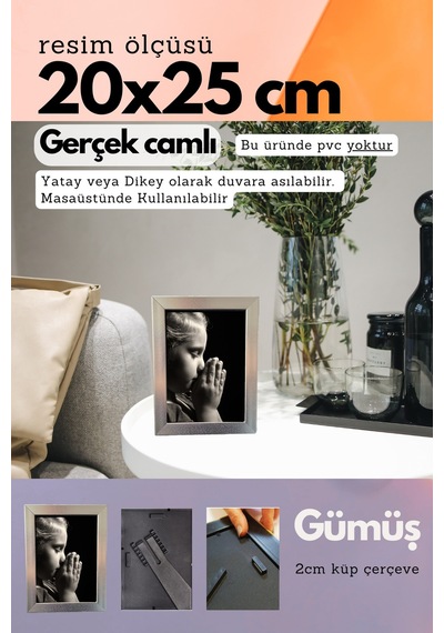 Fırçalı Gümüş-20mm Çerçeve Camlı 20x25 Cm Fotoğraf Resim Çerçevesi Ayaklı Veya Duvara Asma Yatay-dikey 18788589