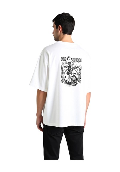 Paybuy Eski Stil Sokakları Yönet Baskılı Erkek Oversize Tişört Beyaz