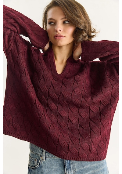 Shade Kadın Oval Yaka Saç Örgü Oversize Triko Kazak Tk241277 60284091 - Bordo