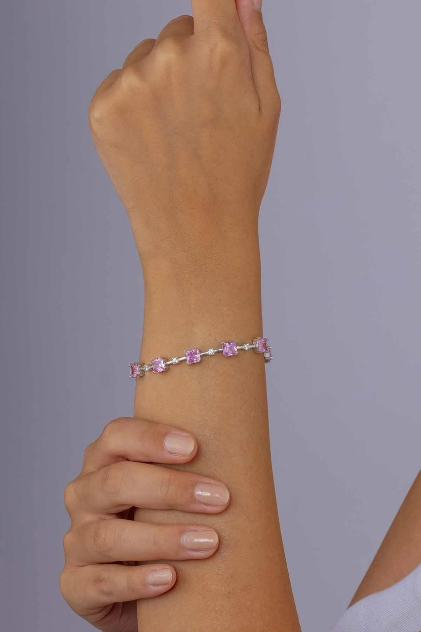 Gümüş Pazarım Pembe Taşlı Sıralı Su Yolu Gümüş Bileklik Diğer