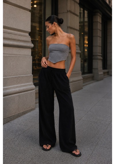 Overmax Siyah Beli Lastikli Bol Paça Pantolon Yazın Favorisi Siyah - 887940803 Siyah