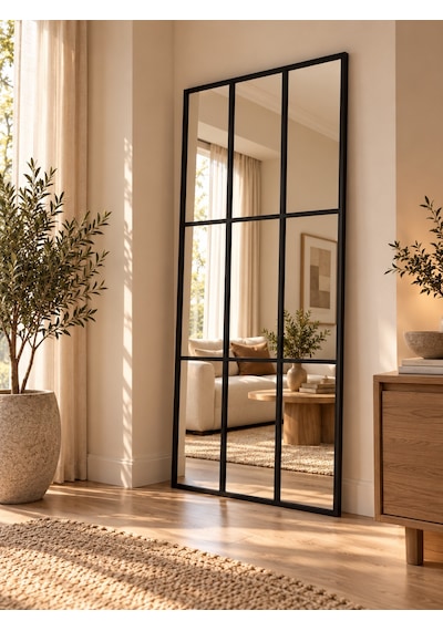 Siyah Metal Çerçeveli Dekoratif Pencere Model Duvar Aynası 80x180