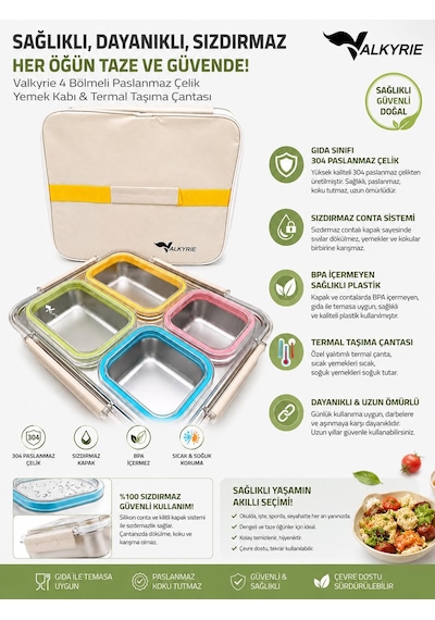 Valkyrie 1500 Ml 4 Bölmeli Paslanmaz Çelik Lunch Box Termal Çantalı 304 Çelik Sızdırmaz Yemek Kabı Çok Renkli