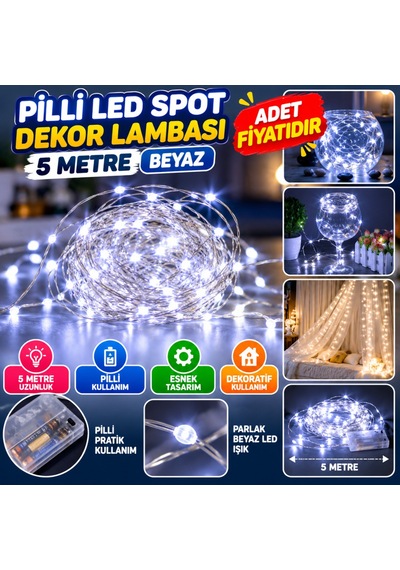 Pilli 5 Metre Dekoratif Peri Led Beyaz Aydınlatma Süsleme Lambası Adet Fiyatıdır