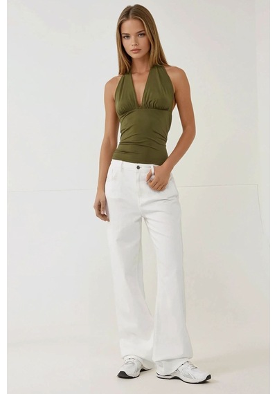 Hiccup Derin V Yaka Slim Fit Örme Bluz Haki Yeşil