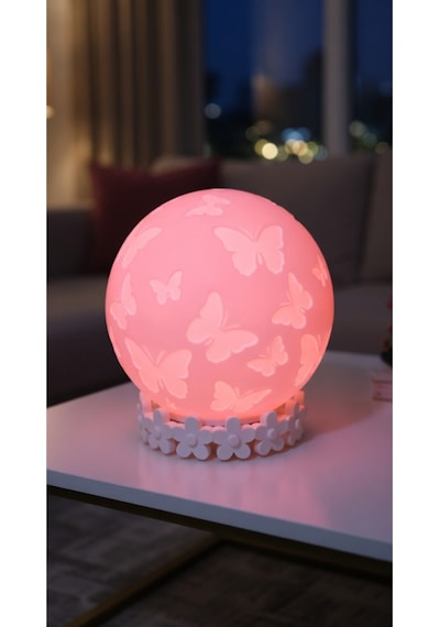 Kelebekli Lamba - Çiçekli Standlı Modern Dekoratif Aydınlatma Gece Lambası - Pembe Masa Üstü Abajur Pembe