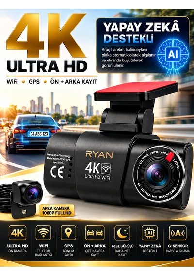 Bagajon Ryan Yapay Zeka Destekli 4k Ön 1080p Arka Araç Kamerası Wifi Gps, Gece Görüşü, G-sensor, Park Kiti