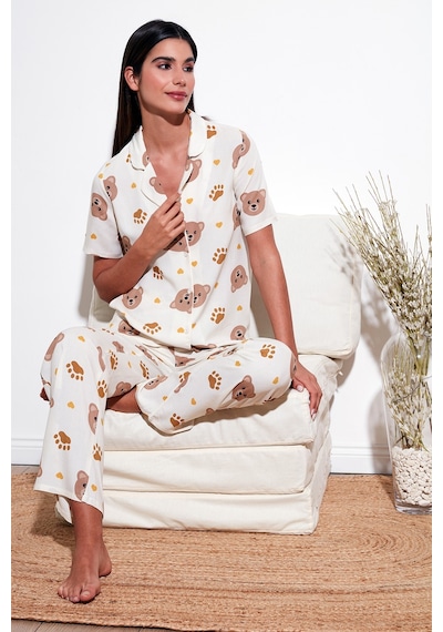 Lela Rahat Kesim Bol Paça Mono Yaka Kısa Kollu Bayan Pijama Takımı 6110290 Bej