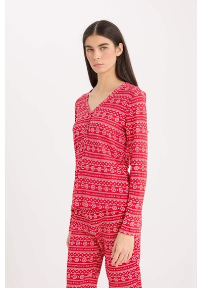 DeFacto Fall in Love Pijama Takımı Waffle Kumaş Uzun Kollu Üst Esnek Belli Uzun Alt D2284AX24WNRD59 Kırmızı