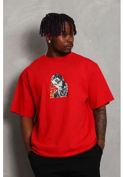 Modi Erkek Baskılı T-shirt Kısa Kol Bisiklet Yaka Regular Fit Rahat Kalıp Günlük Tişört - Kırmızı - Mymg185492