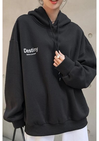 Uyguntarz Unisex Destiny Baskılı Siyah Oversize Kapüşonlu Sweatshirt