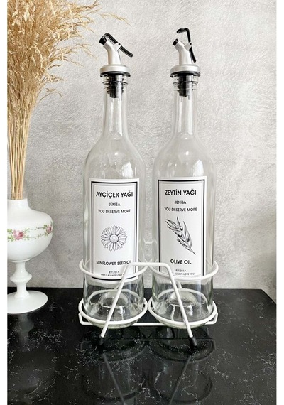 Beyaz Standlı Akıtıcılı Şeffaf 750 Ml Beyaz Etiketli Yağlık Yağda