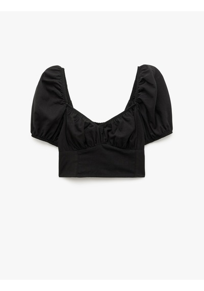 Koton Pamuklu Kare Yaka Kısa Balon Kol Crop Bluz Siyah 5sak30075ew Siyah