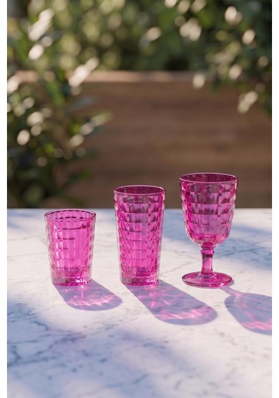 Akrilik Allegra Pembe 18 Parça Su Meşrubat Kahve Yanı Bardağı 400 Ml- 450 Ml- 750 Ml Cam Değildir