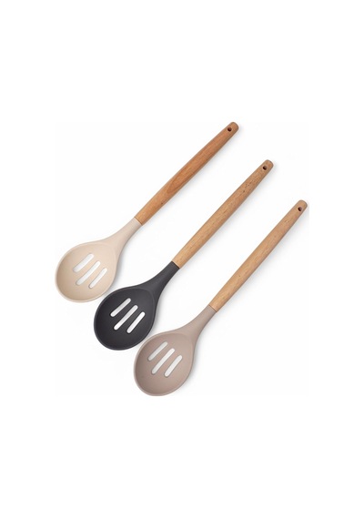 Deconox Bambu Saplı Silikon Delikli Servis Kaşığı, Bambu Uzun Silikon Delikli Servi Kaşığı 27cm 3 Renk Seçenek