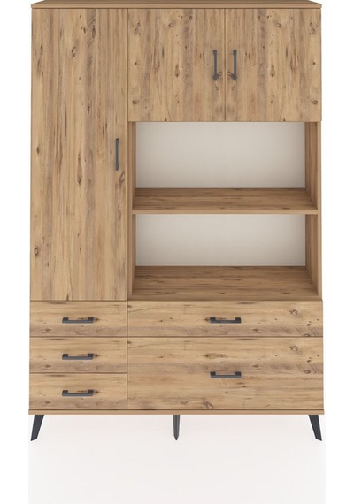 Arges Dolap 7 Raflı 5 Çekmeceli 3 Kapaklı 132x30x195 Çam-çam/çam Çam