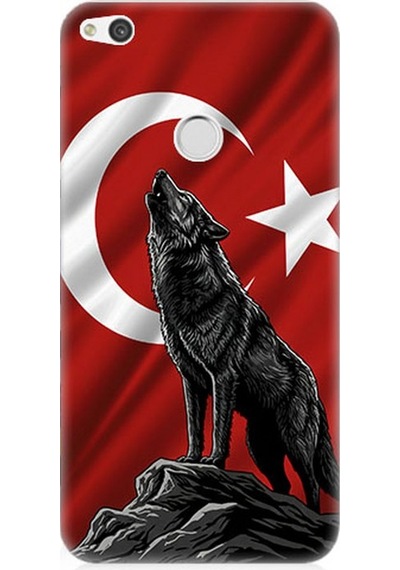 Huawei P9 Lite 2017 Uyumlu Bayrak Önünde Uluyan Kurt Desenli Silikon Kılıf Çok Renkli