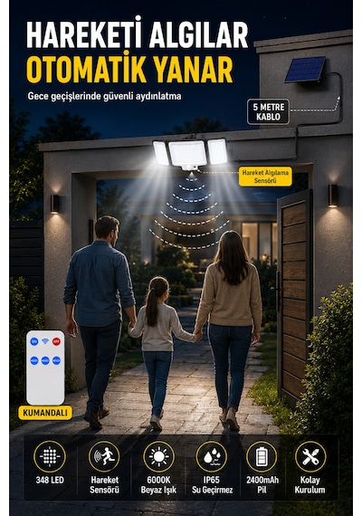 348 Led Solar Duvar Lambası, Güneş Enerjili Dış Mekan Aydınlatma, 5 Metre Kablolu Solar Panel, Hareket Sensörlü, Kumandalı, Ip65 Su Geçirmez Beyaz