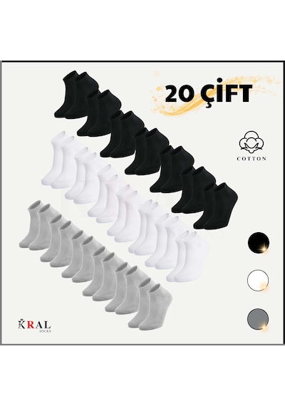Kral Socks Kadın - Erkek 20 Çift Düz Desen Ekonomik Bilek Boy Patik Ço...