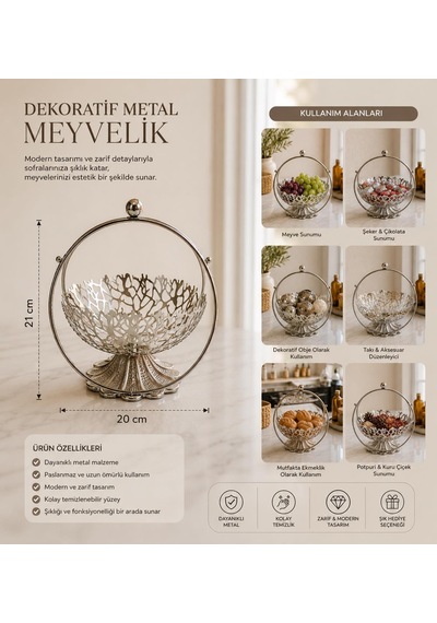 Dekoratif Metal Meyvelik Sepet Gümüş Renk Modern Meyve Sunum Sepeti Şekerlik Dekoratif Masa Aksesuar