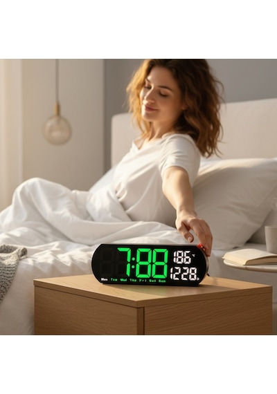 Akıllı Led Dijital Alarm Saat Sıcaklık Ve Tarih Göstergeli, Büyük Ekranlı Masa Saati Yeşil