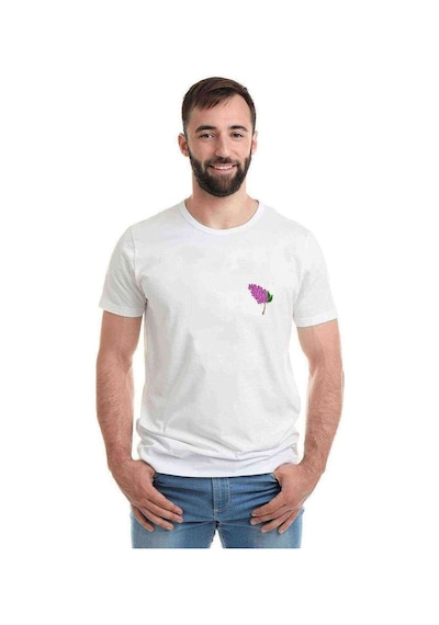 Pembe Çiçekler Illüstrasyon Leylak Çiçeği Baskılı Beyaz Erkek Ts