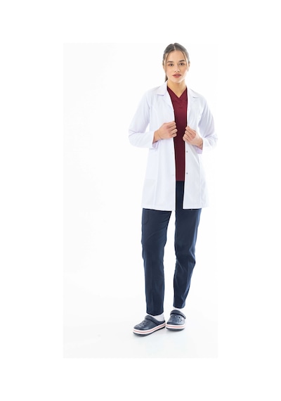 Spor Yaka Orta Boy Kadın Doktor Önlüğü Alpaka Kumaş Beyaz Bko006 Beyaz