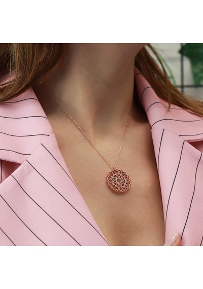 Yaşam Çiçeği Renkli Zirkon Taşlı Rose Gold Kaplama Gümüş Kolye Gümüş
