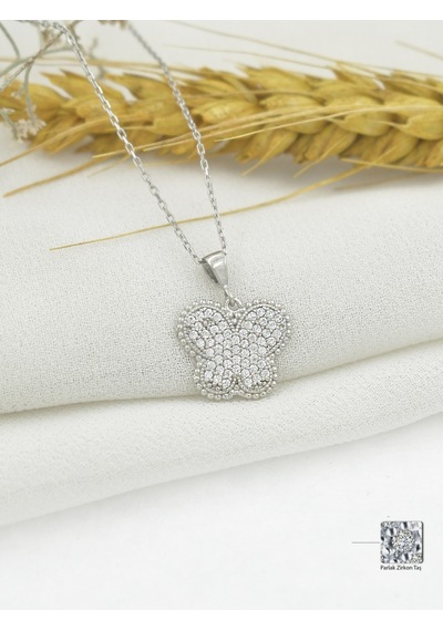 Brezza Lusso Jewelry Timeless Series Zirkon Taşlı Gümüş Işıltılı Kanat Kelebek Kolye Gümüş