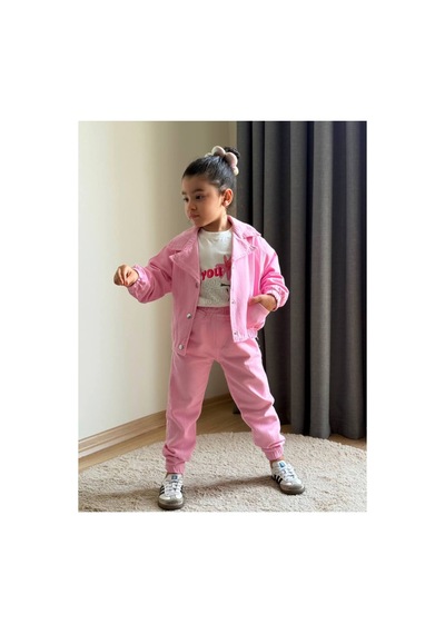 Toikids Kız Çocuk Look Prety Kot Ceketli 3 Lü Kız Takım Pembe