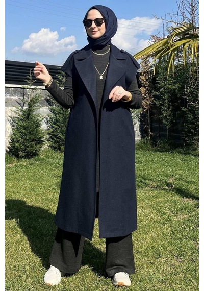 Rabia Şamlı Apoletli Lacivert Yelek Normal