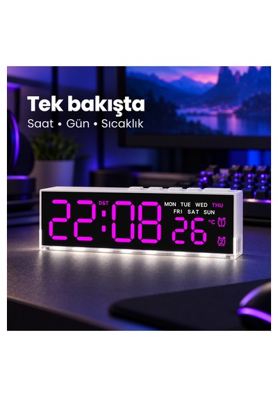 Akıllı Led Dijital Masa Saati Mor Renk