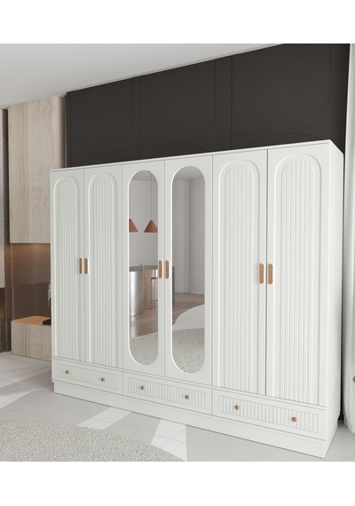 Mila 6 Kapaklı Çekmeceli Bazalı Gardırop - Tamamı Mdf Beyaz Mila 6 Kapaklı Çekmeceli Bazalı Gardırop - Tamamı Mdf Beyaz