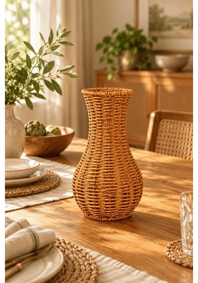 Atbyhome Doğal Hasır Rattan Çiçek Vazosu 25.5 Cm - Masa Üstü Dekoratif El Örgüsü Kuru Çiçeklik Ve Saksı Kahverengi