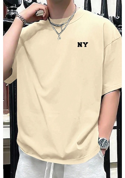 Erkek Ny Baskılı Oversize Tshirt Bej