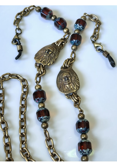 Etnik Figürlü Antik Gold Gözlük Zinciri Kristal Taşlı -thınblack Antik Altın