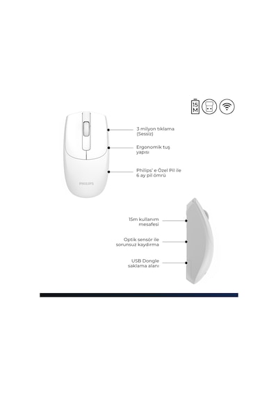 Philips SPK7398 Kablosuz 1600 DPI 3 Tuşlu Optik Sessiz Mouse