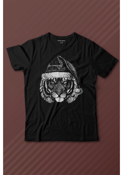 Kendim Seçtim Tiger Wild Cat Kaplan Fesli Noel Yılbaşı Christmas Baskılı Tişört Çocuk T-shirt 001