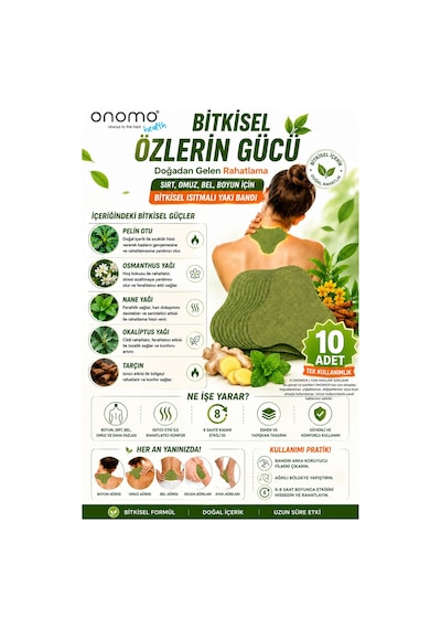 Onomo Health Sırt Omuz Bel Boyun ve Fıtık için Bitkisel Isıtmalı Fizik Yakı Bandı 10 Adet