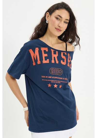 Tudors Kadın Oversize Geniş Kesim %100 Pamuk Kayık Yaka Kısa Kollu Baskılı Lacivert Tişört-50336