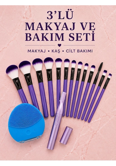 3 Lü Makyaj Ve Cilt Bakım Seti 12 Parça Makyaj Fırçası Kaş Alma Düzeltme Ve Silikon Yüz Temizleme Ci