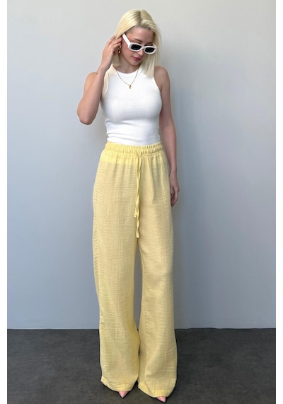 Madmext Sarı Bol Paça Müslin Kadın Pantolon Mg1980 Sarı